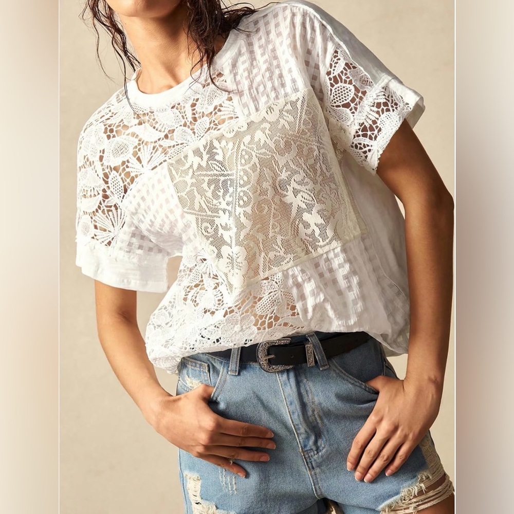 SOLY HUX Floral Lace T Shirt Sheer Crew Neck Short Sleeve Tees Summer Coquette